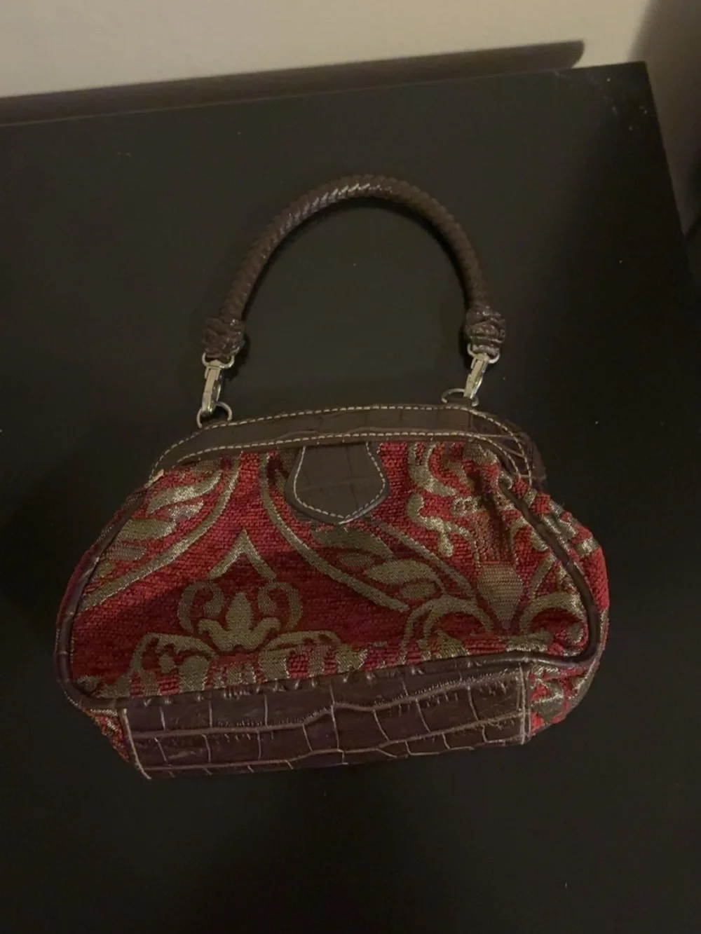 Vintage-Inspired Red Tapestry Handbag with Brown Trim